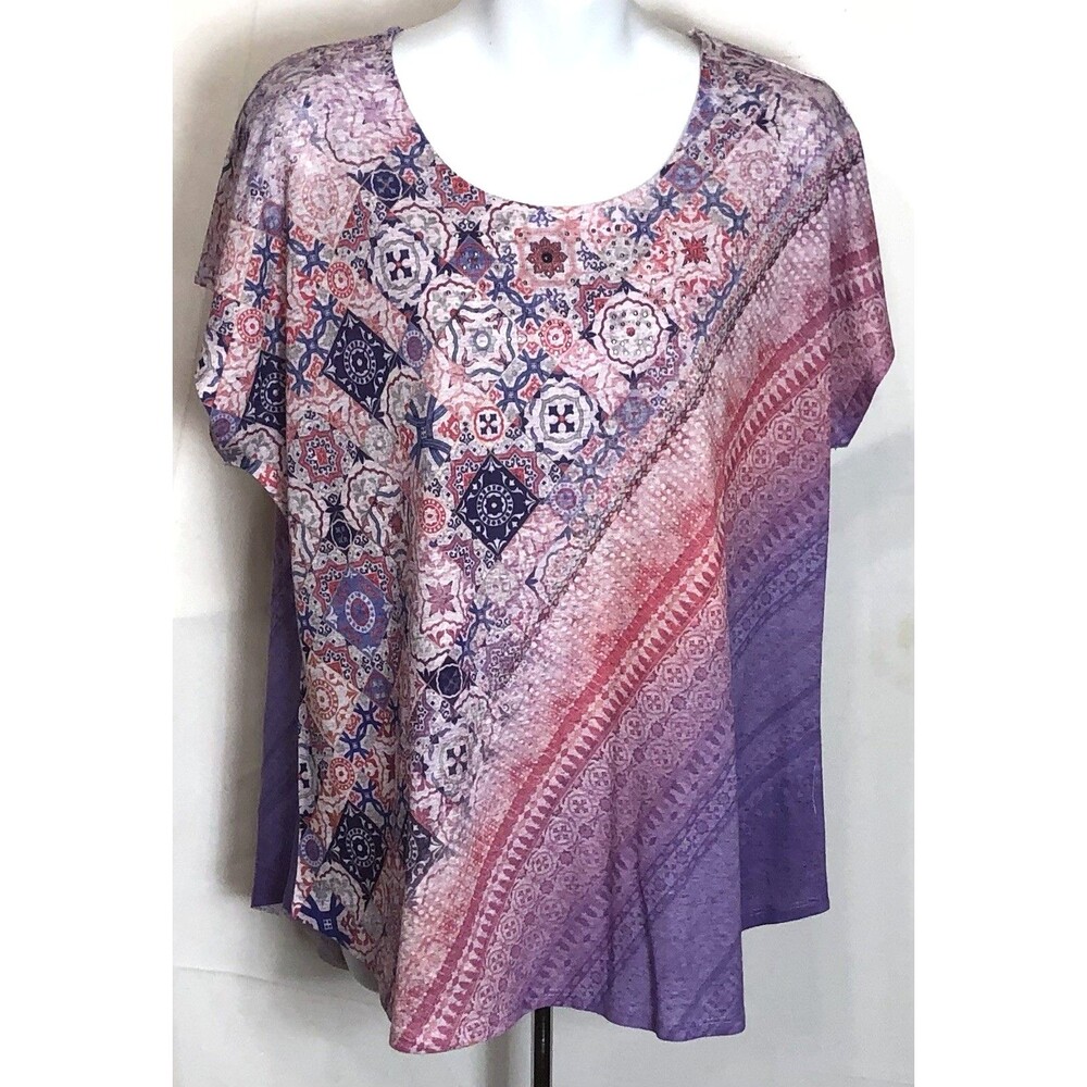 Energe Flowy top L Pink Purple Geo Ombre Beads Scoop Neck Short Sleeve Hippie
